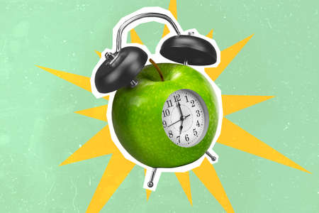 Photo artwork minimal picture of fruit bell ringing waking up isolated drawing green color backgroundの写真素材