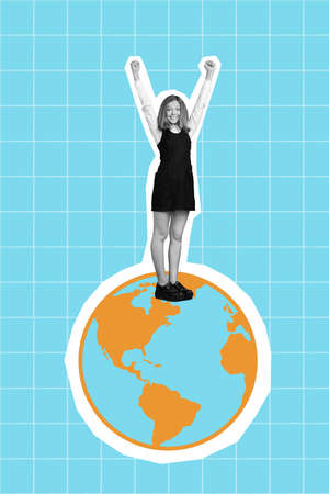 Vertical composite collage picture of positive delighted small girl black white gamma stand small earth globe raise fistsの写真素材