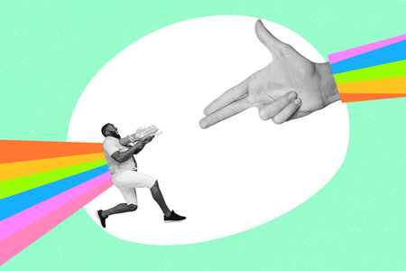 Creative collage image of excited guy hold watergun huge arm fingers show gun gesture black white colors pained rainbowの写真素材