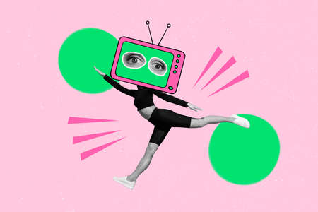 Creative collage illustration of sportive girl black white effect stretching vintage old tv instead...