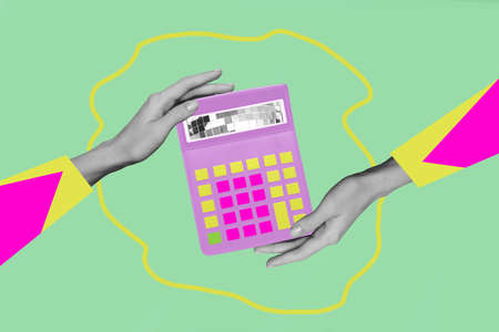Composite collage illustration of two hands black white effect hold touch painted calculator isolated on creative backgroundの写真素材
