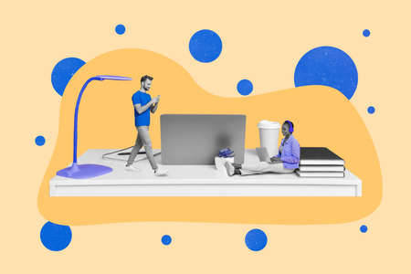 Composite collage illustration of two small business people working huge desktop isolated on creative backgroundの写真素材