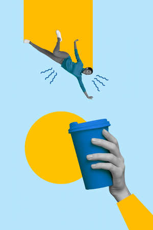 Vertical collage illustration of mini person black white gamma fall jumping huge arm hold coffee cup...