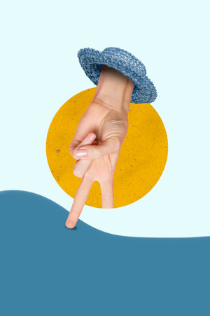 Vertical collage image of human hand upside down demonstrate v-sign symbol wear straw sunhat isolated on drawing sun water backgroundの写真素材