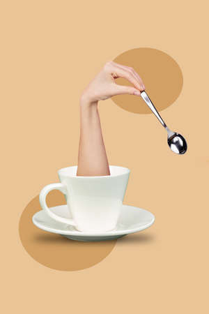 Vertical collage illustration of big human arm coffee cup hold spoon isolated on beige creative backgroundの写真素材