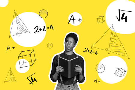 Creative abstract template graphics image of intelligent lady learning math isolated yellow drawing backgroundの写真素材