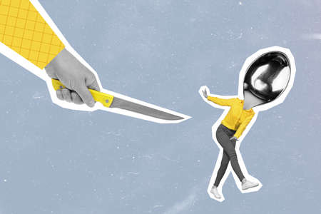 Photo artwork minimal picture of arm holding knife threaten woman utensil instead of head isolated drawing backgroundの写真素材