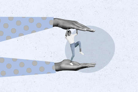 Composite collage picture of two big arms hold make pressure struggling scared hardworking person black white gamma isolated on drawing backgroundの写真素材