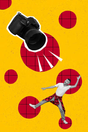 Vertical composite collage of huge photo camera shooting excited small black white colors guy isolated on creative backgroundの写真素材