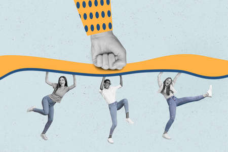 Creative retro 3d magazine image of funny funky ladies holding roof pulling big fist isolated drawing blue backgroundの写真素材