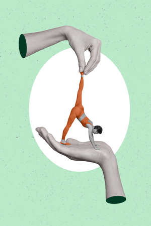 Vertical composite collage illustration of two huge arms black white gamma hold sportive small girl stretching workoutの写真素材
