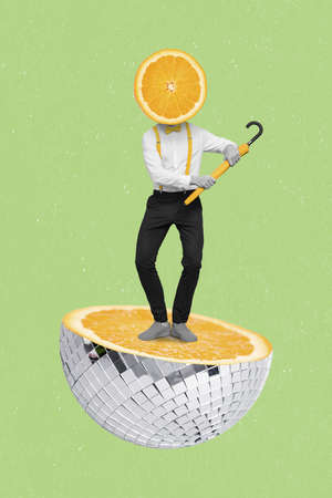 Vertical collage picture of excited guy black white gamma hold umbrella orange slice instead head stand huge disco ballの写真素材