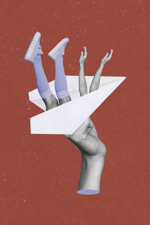 Vertical collage illustration of big arms hold paper airplane stick girls arms legs black white gamma isolated on creative backgroundの写真素材