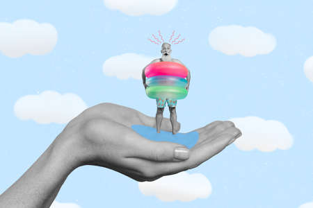Creative collage image of big arms hold impressed aged person stand water wear inflatable rings...