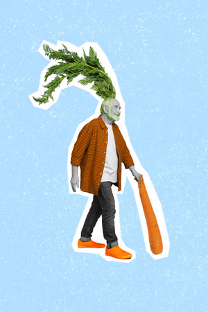 Vertical composite collage picture of walking cheerful person black white gamma arm hold carrot grass grow hair isolated on drawing backgroundの写真素材
