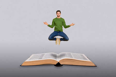Composite collage image of concentrated small guy meditate fly above huge opened book isolated on...