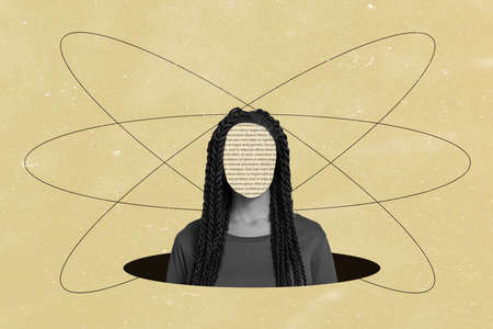 Collage 3d image of pinup pop retro sketch of woman paper page instead of face surrounded universe circles isolated beige backgroundの写真素材