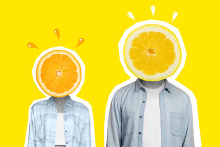 Composite collage picture of two people black white colors orange slice instead head isolated on yellow painted backgroundの写真素材