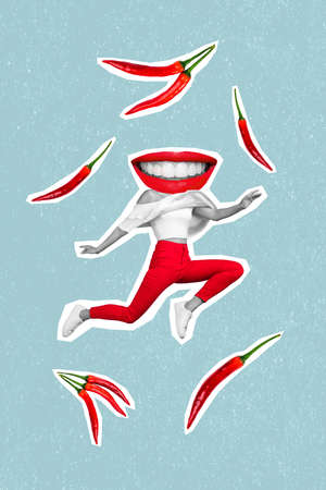 3d retro abstract creative artwork template collage of lady red lips smiling instead of head peppers isolated blue color backgroundの写真素材