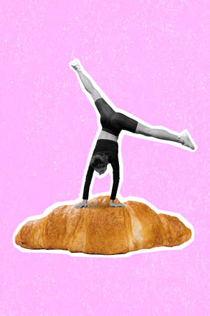 Vertical collage picture of sportive girl black white colors standing arms huge croissant isolated...
