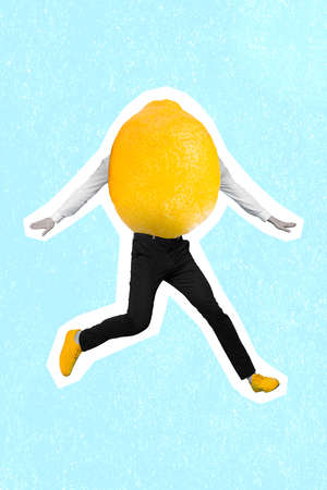 Creative retro 3d magazine image of funny funky guy lemon instead of body jumping isolated drawing blue backgroundの写真素材