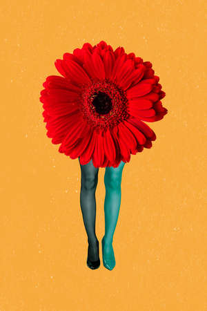 Creative 3d photo artwork graphics painting of big red flower walking long lady legs isolated orange color backgroundの写真素材