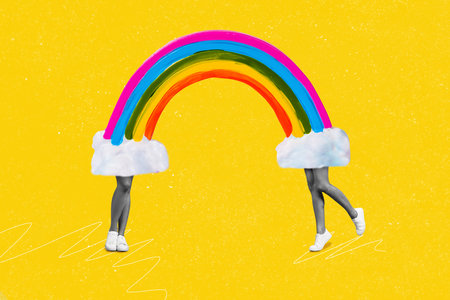 Composite collage image of two girl legs black white black gamma connected huge rainbow isolated on yellow creative backgroundの写真素材