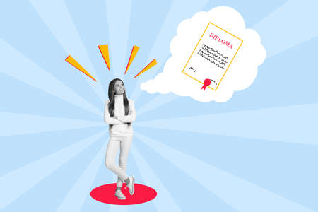 Composite collage portrait of positive smiling girl black white gamma crossed hands dream think diploma drawing bubbleの写真素材