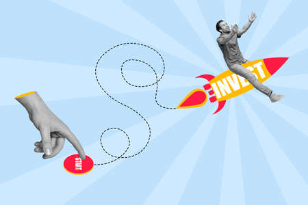 Creative banner collage of people hands start space ship flying up achieve success iso0lated draw backgroundの写真素材