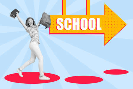 Magazine collage poster of teenager school child find road school enjoy raise textbook backpack...