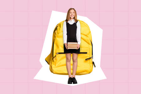 Discount banner collage of teen school child enjoy buying supply hold stack textbook bag isolated paint backgroundの写真素材