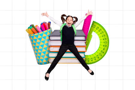 Banner collage of school child have fun back to school season discount isolated notebook page plaid...