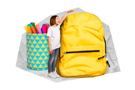 Magazine banner collage of school child measure height big bag isolated on draw white color...