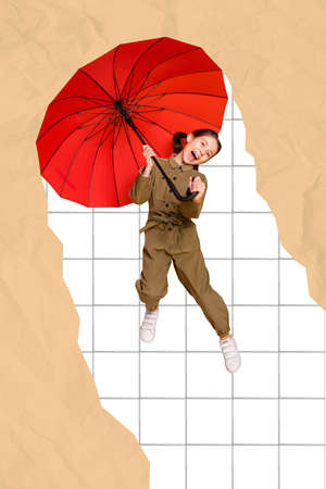 Artwork poster of funny funky school child have flight up red parasol isolated plaid paint backgroundの写真素材