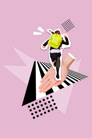 Vertical collage image of big arm help hold little running girl painted pedestrian crossing isolated...