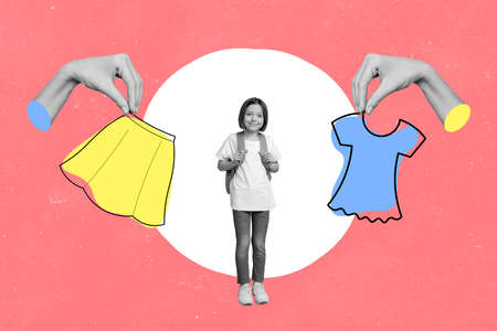 Creative collage portrait of small girl black white colors two big arms hold painted skirt blouse isolated on drawing backgroundの写真素材