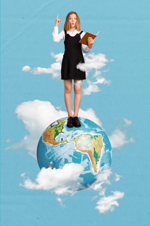 Vertical composite collage image of excited child girl point finger hold book stand small earth globe isolated on clouds backgroundの写真素材
