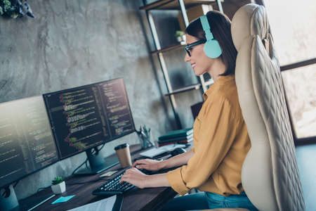 Profile side view portrait of attractive cheery girl editing data interface operating system software at workplace workstation indoorsの写真素材