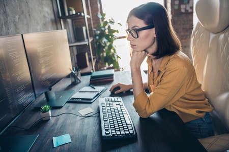 Profile portrait of minded serious lady database editor hand chin look monitor office building...