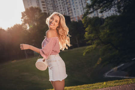 Portrait of pretty cheerful person chilling boyfriend make photo nice warm weather outside