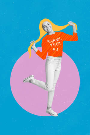 Vertical collage illustration of cheerful positive girl black white gamma hands hold play painted...
