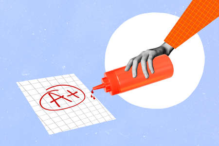 Composite collage illustration of human hand black white gamma hold paint bottle A grade copybook paper isolated on painted backgroundの写真素材