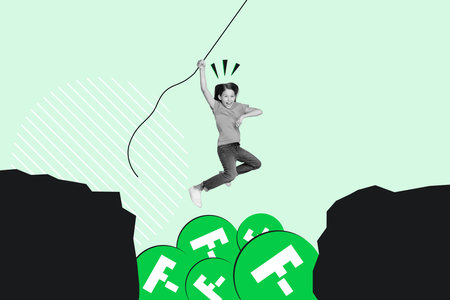Collage illustration of excited crazy girl black white colors hold flying rope above F- grades abyss...