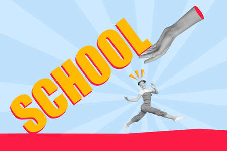 Composite collage image of arm hold big school text above running carefree small girl black white...