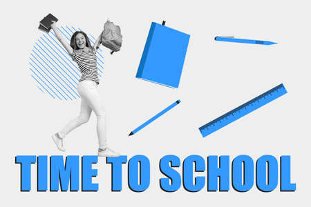 Creative collage picture of funny small girl black white gamma hold backpack walk time to school...