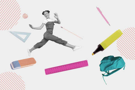 Creative collage picture of crazy funny small girl black white effect jump school supply equipment...