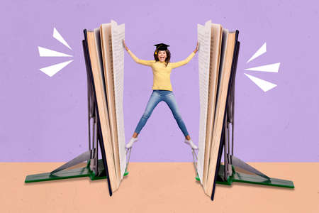 Creative collage image of excited crazy small girl holding between two huge opened book isolated on painted backgroundの写真素材