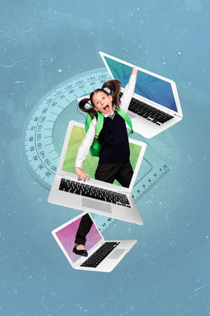 Creative abstract template graphics image of exited impressed little child kid online education isolated drawing backgroundの写真素材