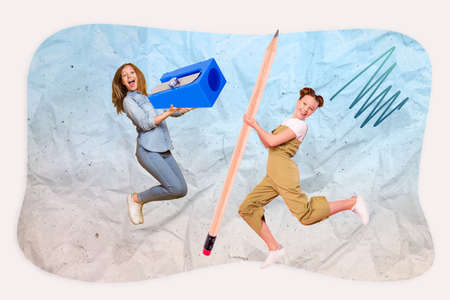 Artwork magazine picture of happy smiling little kids children rising sharpener pencil isolated drawing backgroundの写真素材