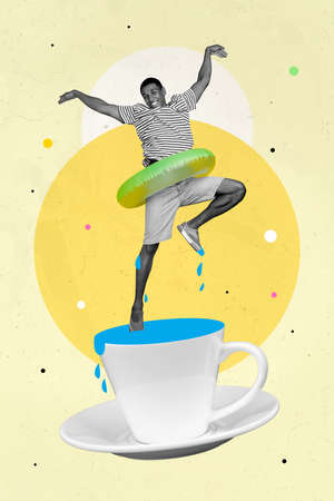 Vertical poster collage photo of millennial guy jump in cup wear casual cloth isolated on drawing yellow color backgroundの写真素材